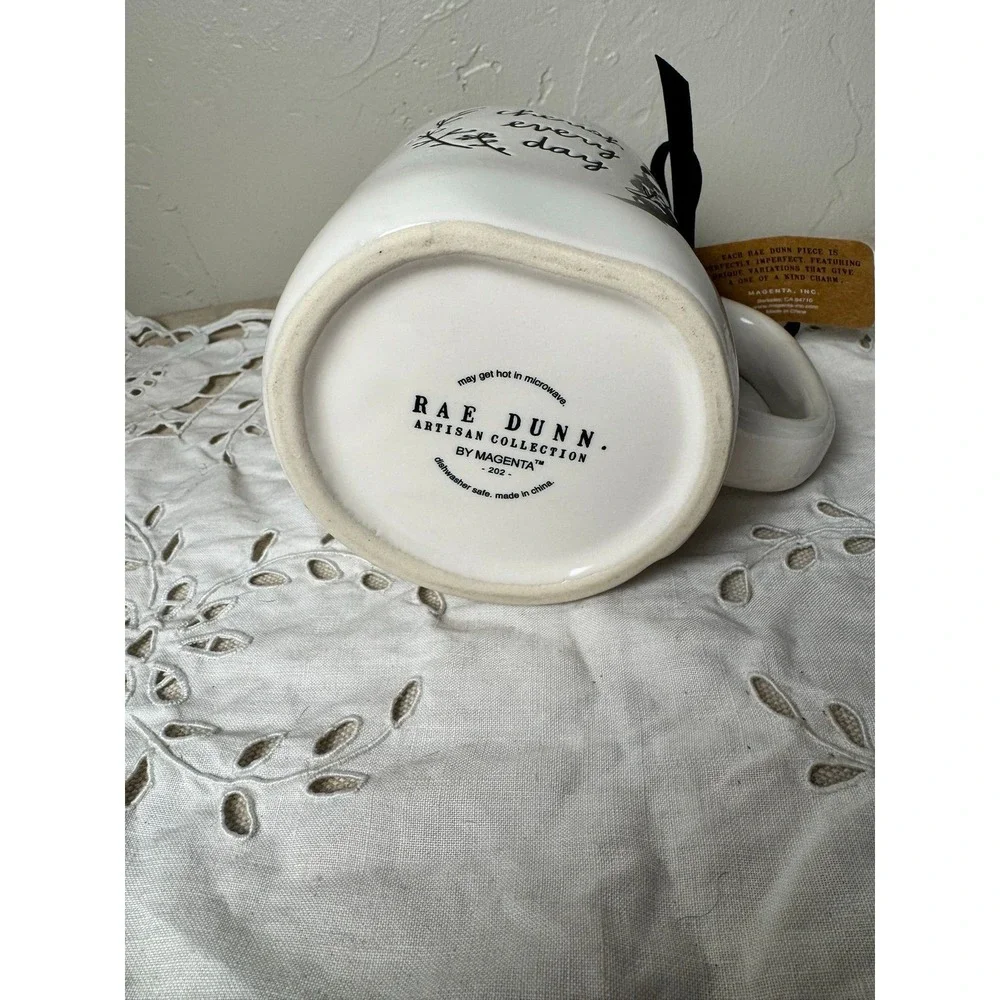 Rae Dunn CHERISH EVERY DAY mug white w/ black pinstripe & flowers